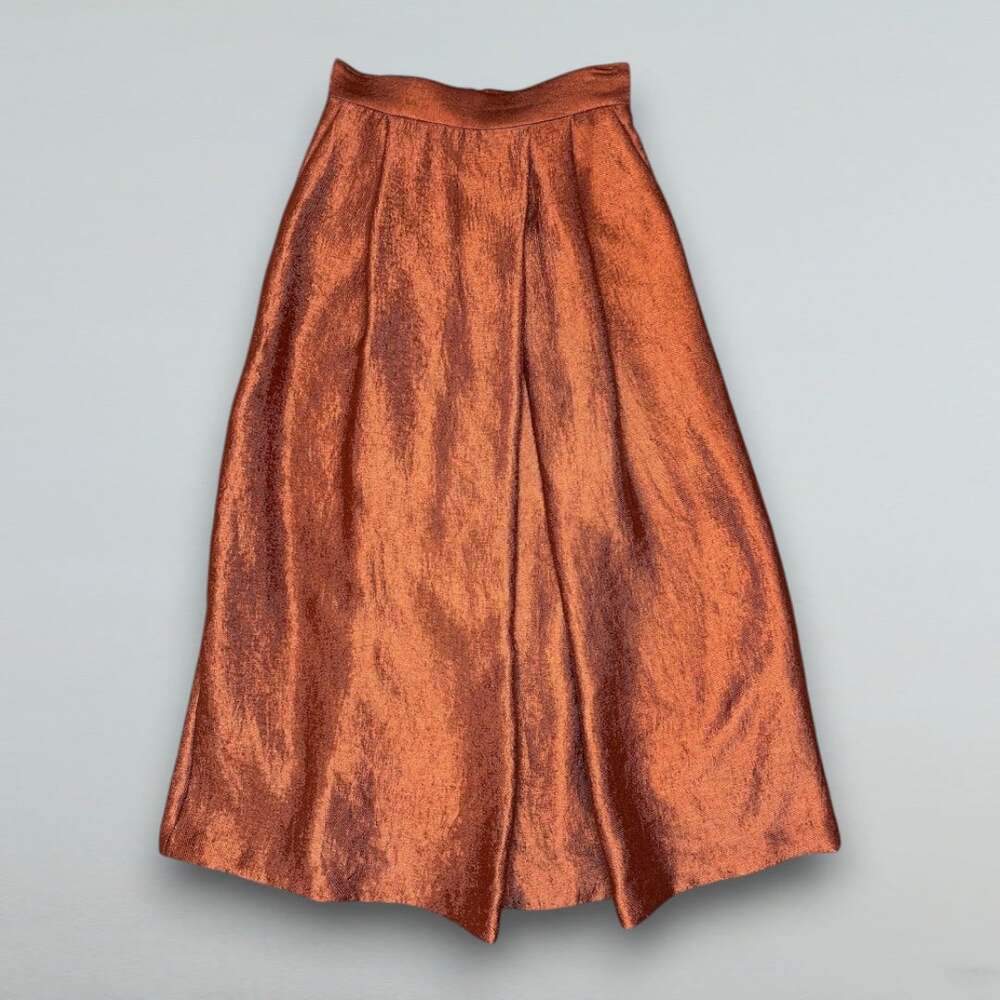 Metallic Copper Midi Skirt Pockets A-Line High Waist Party Holiday Size 2